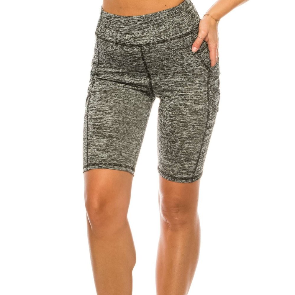 Biker Shorts - Heathered Gray - Crisscross Detail and Side Pockets  - S/M